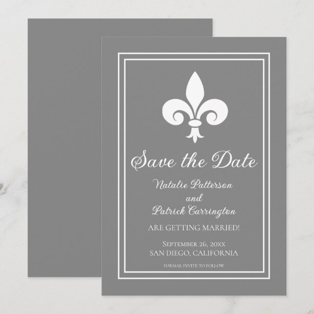 Gray Fleur de Lis Save the Date Invite (Front/Back)