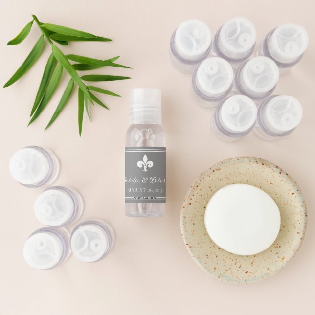 Gray Fleur de Lis Wedding Hand Sanitizer (Laydown)