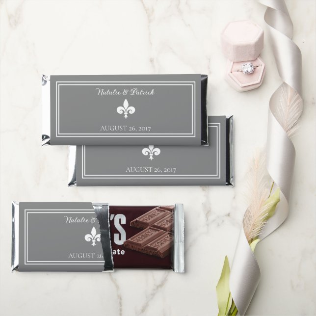 Gray Fleur de Lis Wedding Hershey Bar Favors (Front)