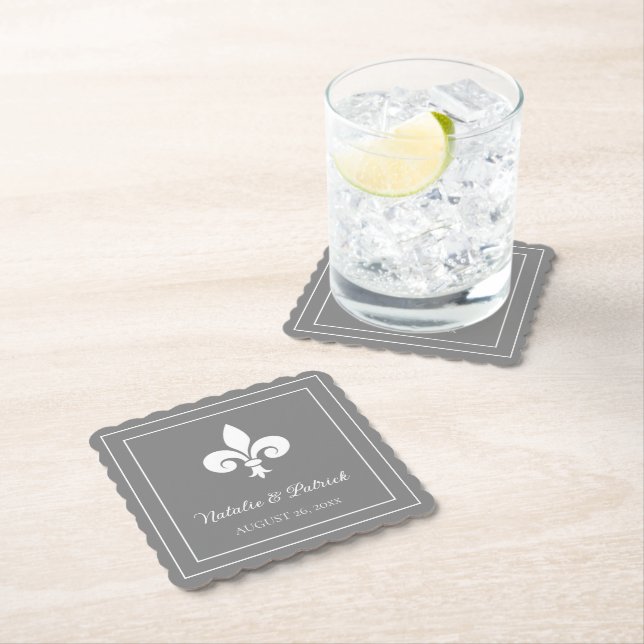 Gray Fleur de Lis Wedding Paper Coasters (Insitu)
