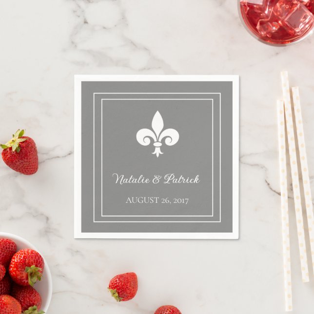 Gray Fleur de Lis Wedding Paper Napkins (Insitu)