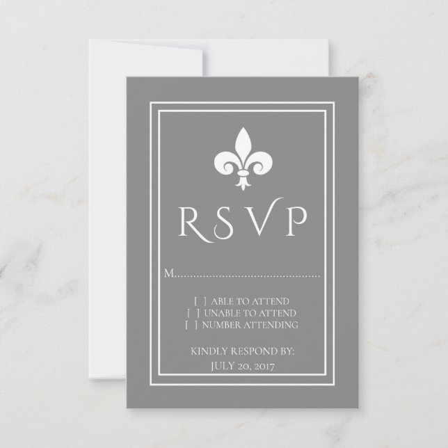 Gray Fleur de Lis Wedding RSVP Card (Front)