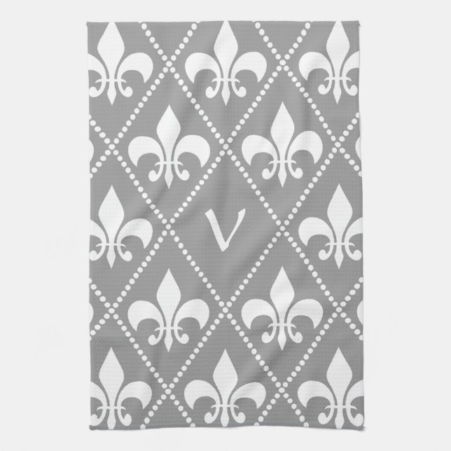 Gray Fleur de Lis with monogram initial Kitchen Towel (Vertical)