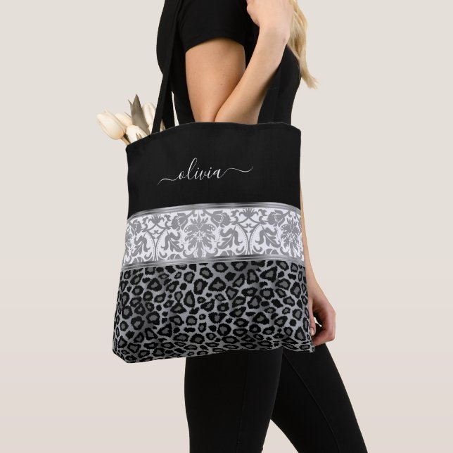 Gray Floral and Leopard Pattern Tote Bag (Close Up)