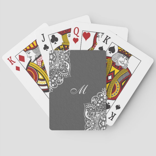 Gray Floral Damask And White Lace Poker Cards (Back)