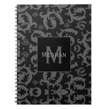 Gray Floral Damask Monogrammed Notebook by capturedbyKC at Zazzle