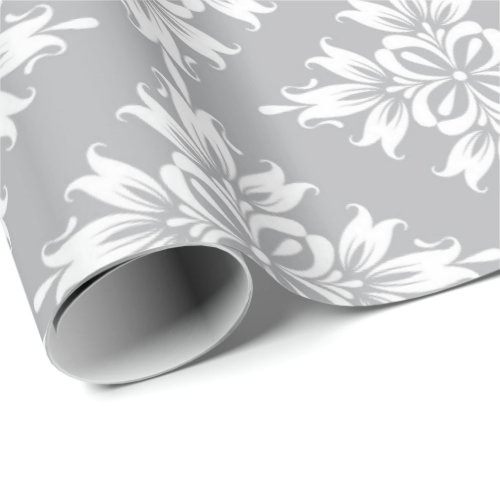 Gray Floral Damask Symetric Royal Bridal Wedding Wrapping Paper