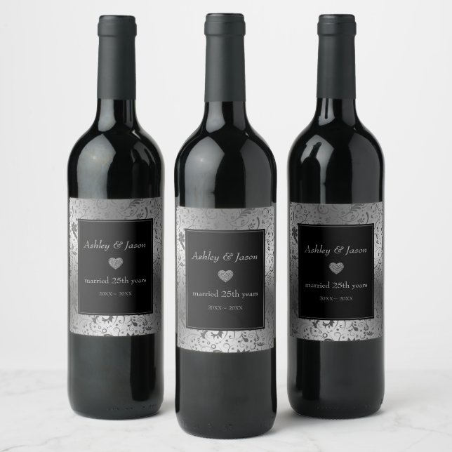 Gray Floral Damask Wine Label (Bottles)