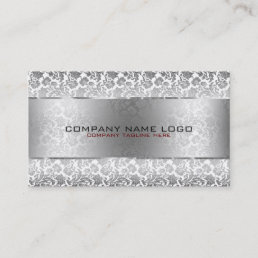 Gray Floral Damasks &amp; Metallic Silver On White Business Card