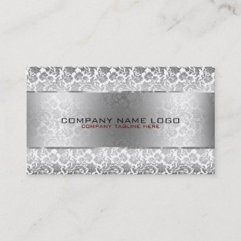 Gray Floral Damasks & Metallic Silver On White Business Card by artOnWear at Zazzle