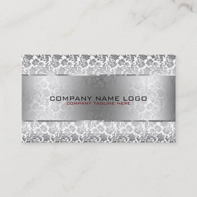 Gray Floral Damasks & Metallic Silver On White Business Card (Front)