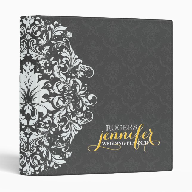 Gray Floral Damasks White Lace Lace 3 Ring Binder (Front/Spine)