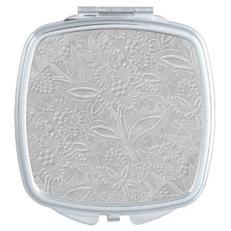 Gray Floral Embossed Look Compact Mirror