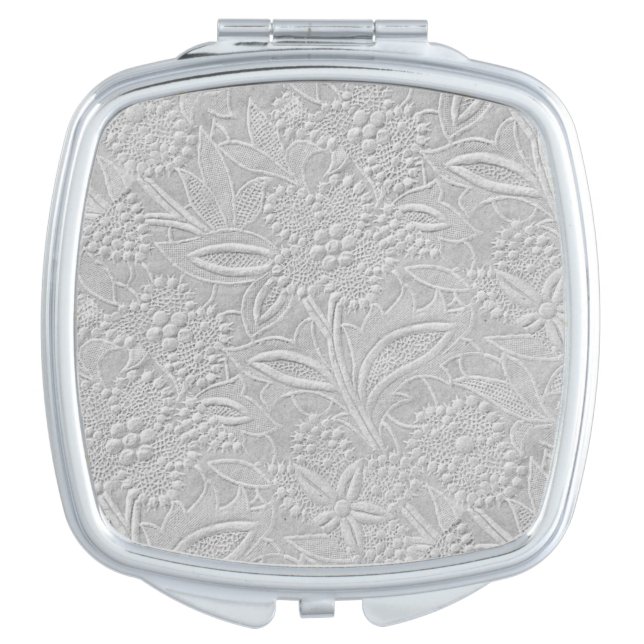 Gray Floral Embossed Look Compact Mirror (Front)