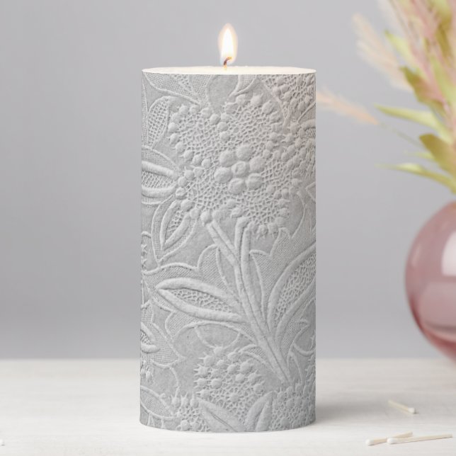 Gray Floral Embossed Look Pillar Candle (In Situ)