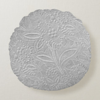 Gray Floral Embossed Look Round Pillow