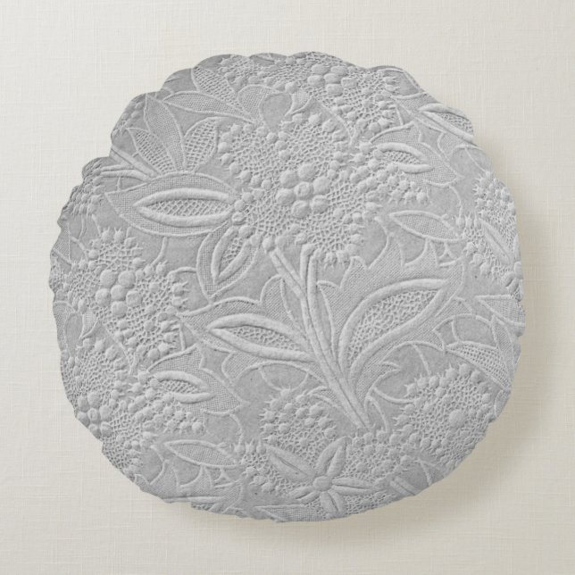 Gray Floral Embossed Look Round Pillow (Front)