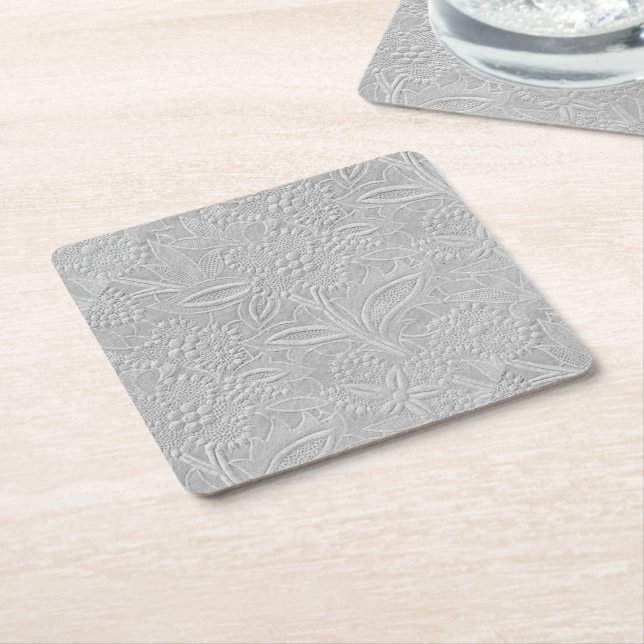 Gray Floral Embossed Look Square Paper Coaster (Angled)