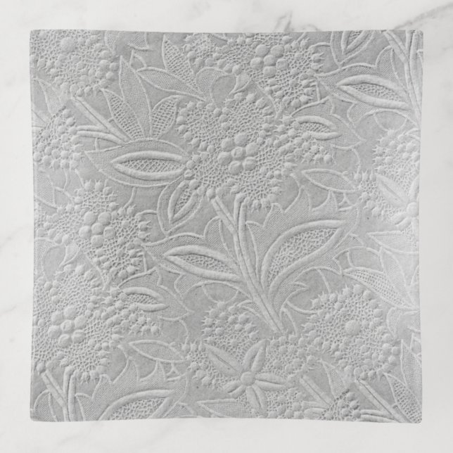 Gray Floral Embossed Look Trinket Tray (Front)