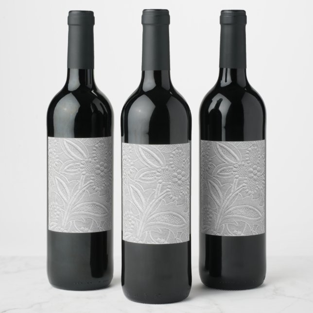 Gray Floral Embossed Look Wine Label (Bottles)