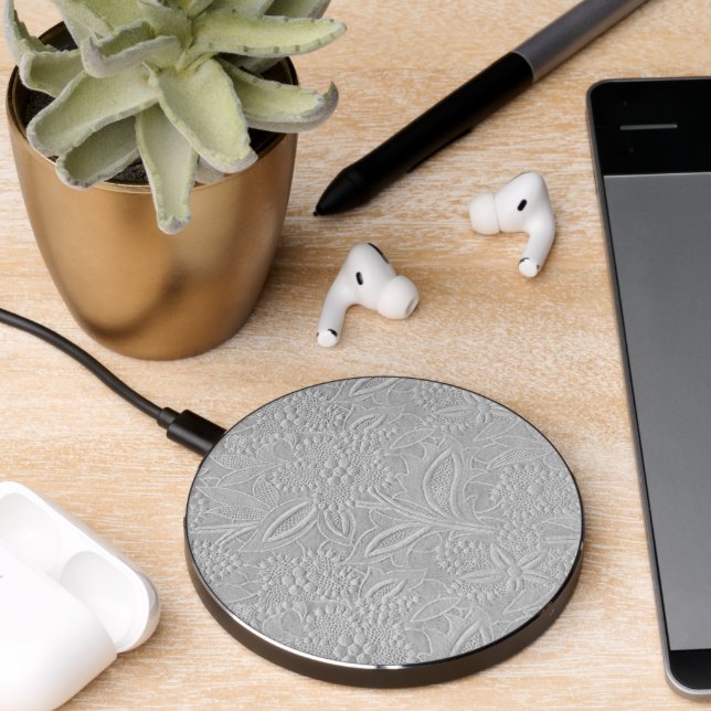 Gray Floral Embossed Look Wireless Charger (Desk 2)