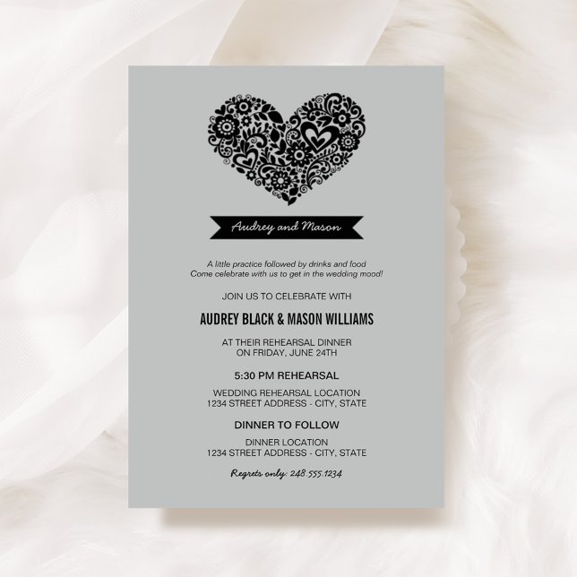 Gray Floral Heart Monogram Rehearsal Dinner Invitation (Creator Uploaded)