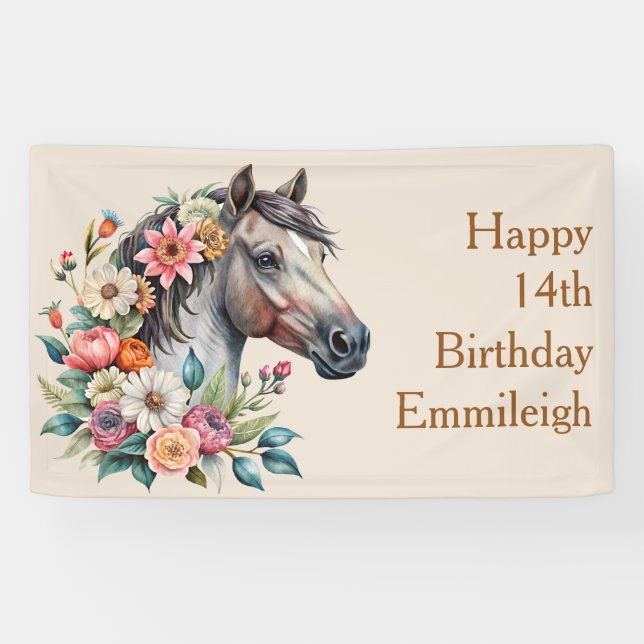 Gray Floral Horse Teen Girl Birthday Banner (Horizontal)