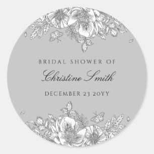 Gray Floral Line Art Bridal Shower Classic Round Sticker