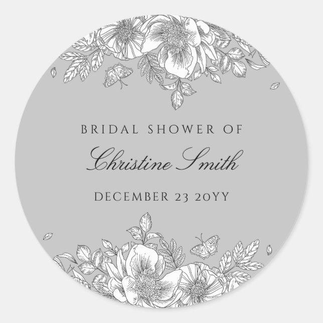 Gray Floral Line Art Bridal Shower Classic Round Sticker (Front)