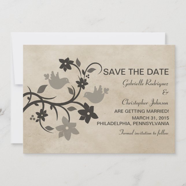 Gray Floral Lovebirds Save the Date Invite (Front)