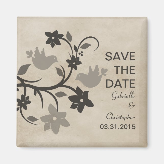 Gray Floral Lovebirds Save the Date Magnet (Front)