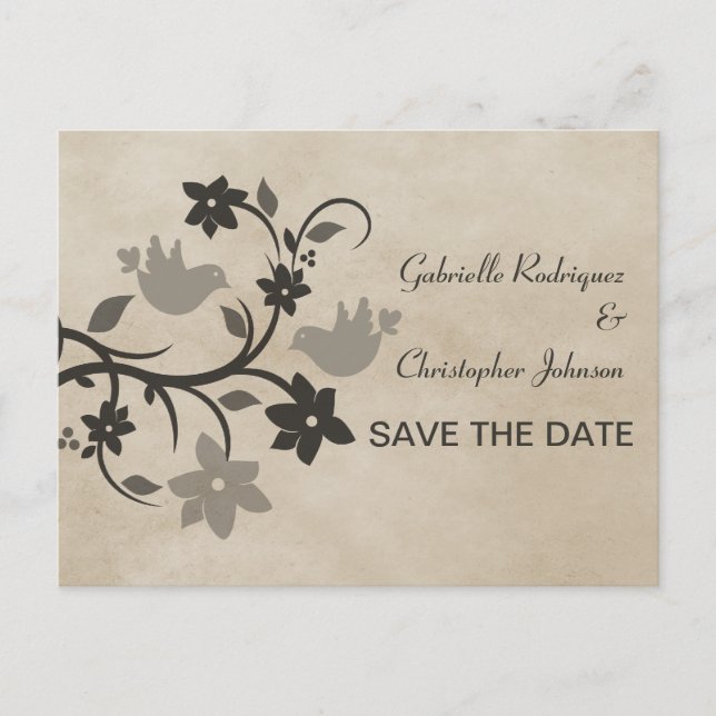 Gray Floral Lovebirds Save the Date Postcard (Front)