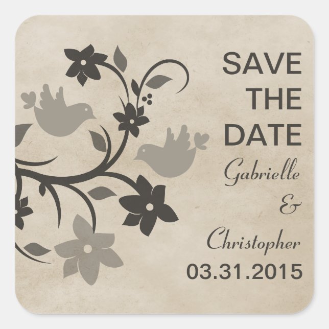 Gray Floral Lovebirds Save the Date Stickers (Front)