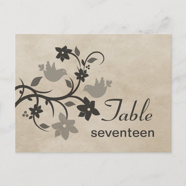 Gray Floral Lovebirds Table Number Postcard (Front)