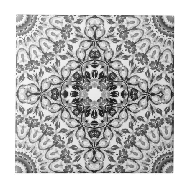 Gray Floral Mandala Geometric Ceramic Tile (Front)