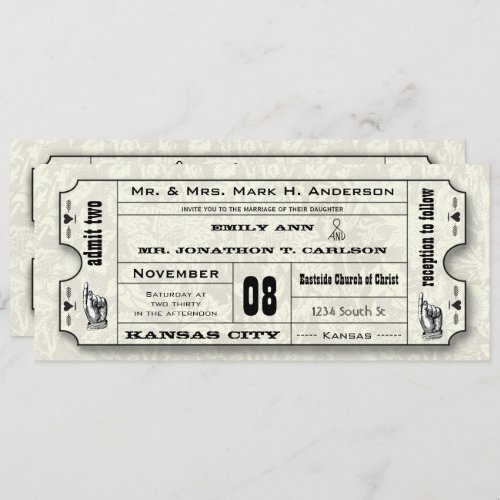 Gray Floral Modern Typography Ticket Wedding Invitation