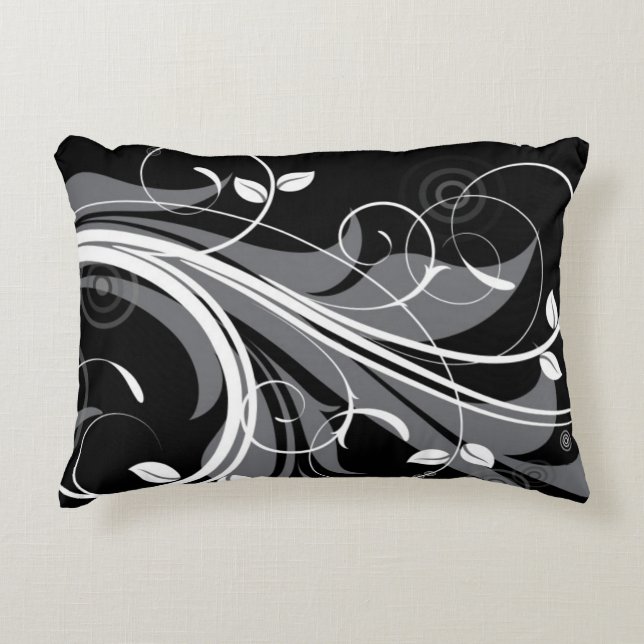 Gray Floral Pattern on Black Accent Pillow (Front)