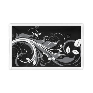 Gray Floral Pattern on Black Acrylic Tray