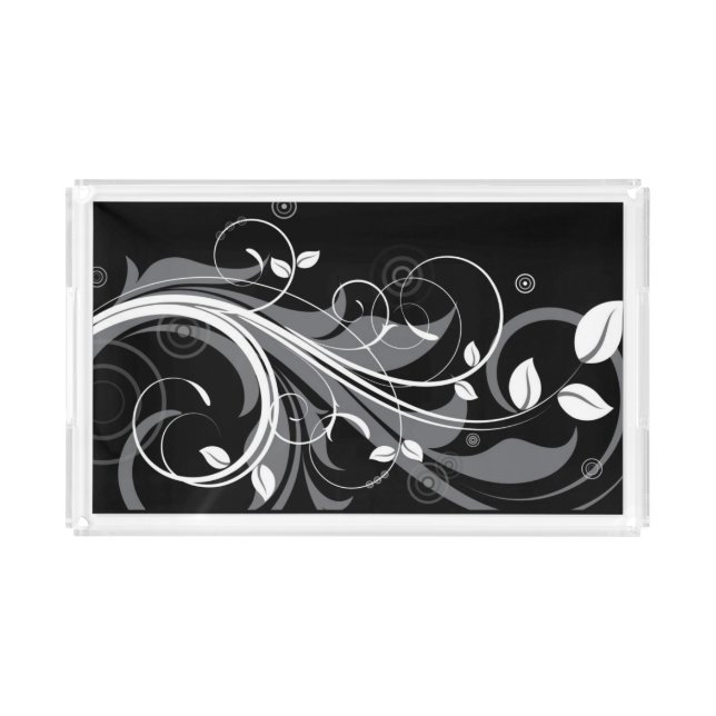 Gray Floral Pattern on Black Acrylic Tray (Front)