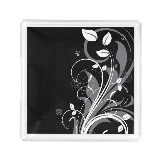 Gray Floral Pattern on Black Acrylic Tray (Front)