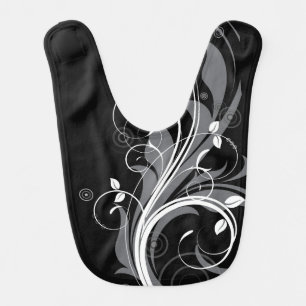 Gray Floral Pattern on Black Baby Bib