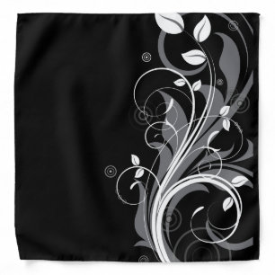Gray Floral Pattern on Black Bandana