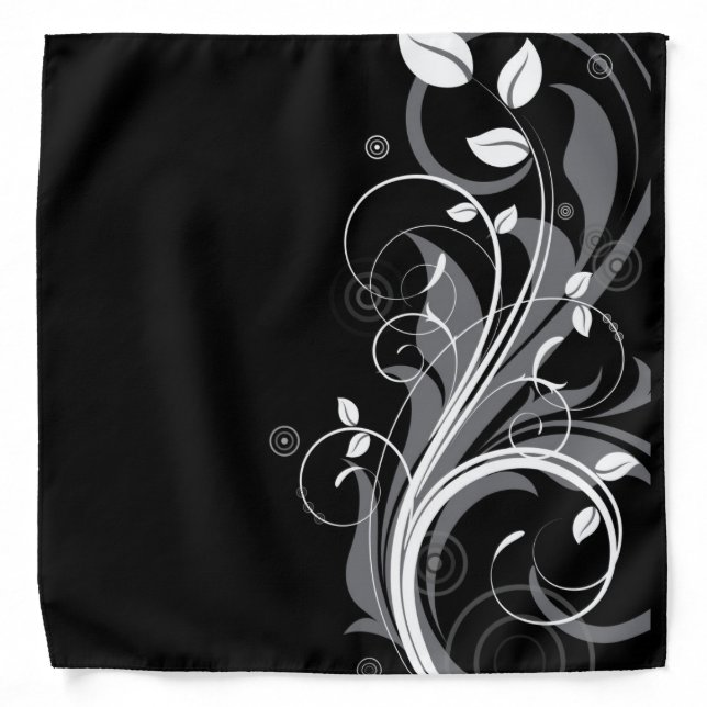 Gray Floral Pattern on Black Bandana (Front)