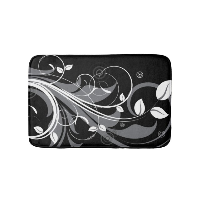 Gray Floral Pattern on Black Bath Mat (Front)