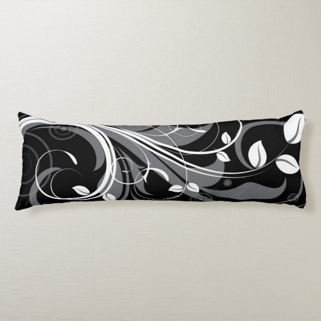 Gray Floral Pattern on Black Body Pillow (Front)