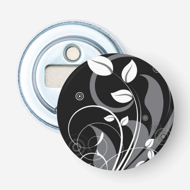 Gray Floral Pattern on Black Bottle Opener (Front)