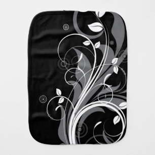 Gray Floral Pattern on Black Burp Cloth
