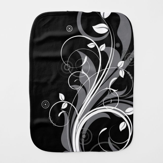 Gray Floral Pattern on Black Burp Cloth (Front)
