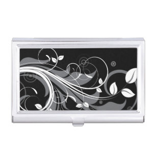Gray Floral Pattern on Black Business Card Case