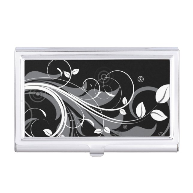 Gray Floral Pattern on Black Business Card Case (Front)